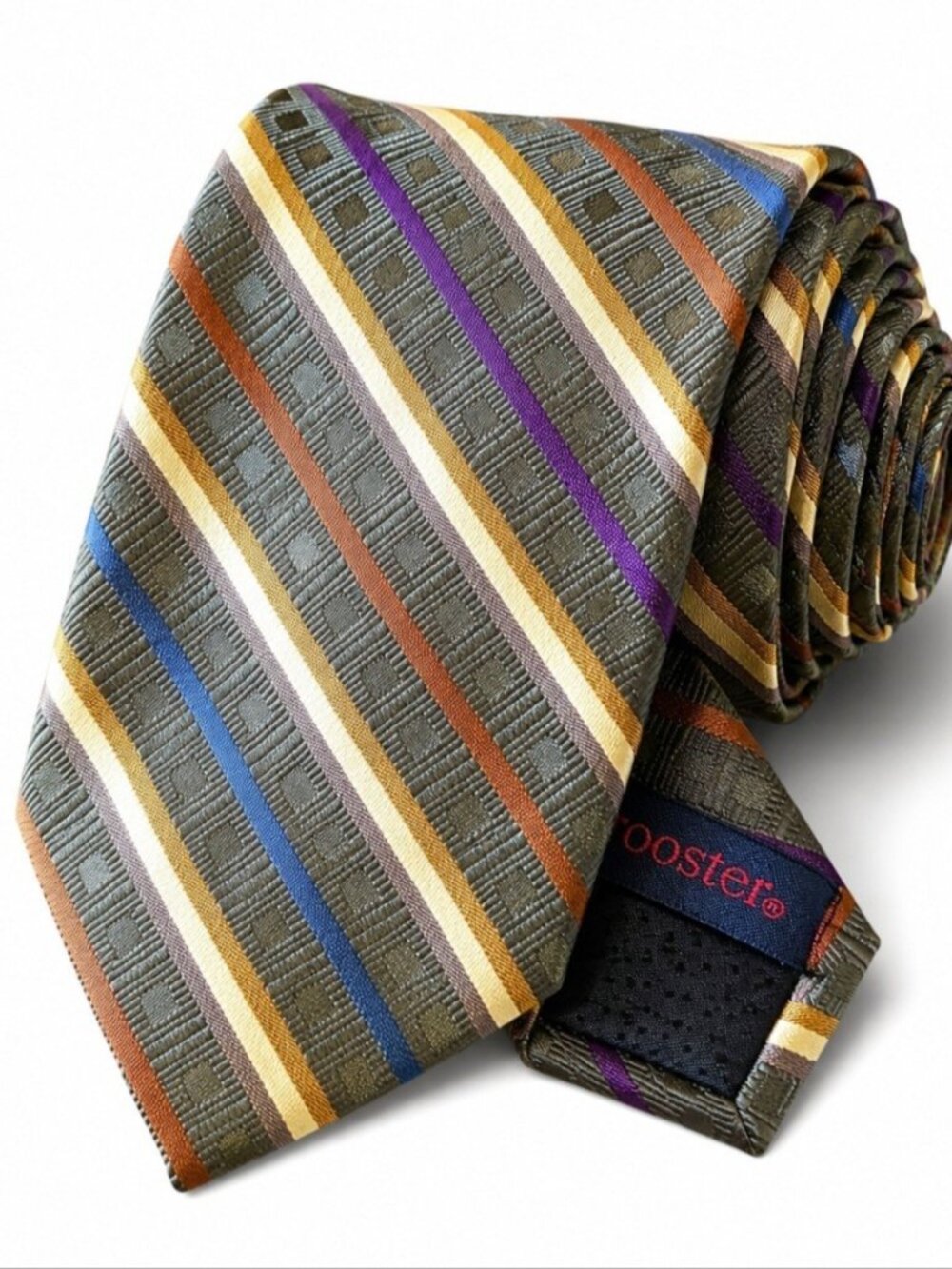 Rooster 100% Silk Tie Green Blue Purple Gold Geometric Striped Necktie 3.5”